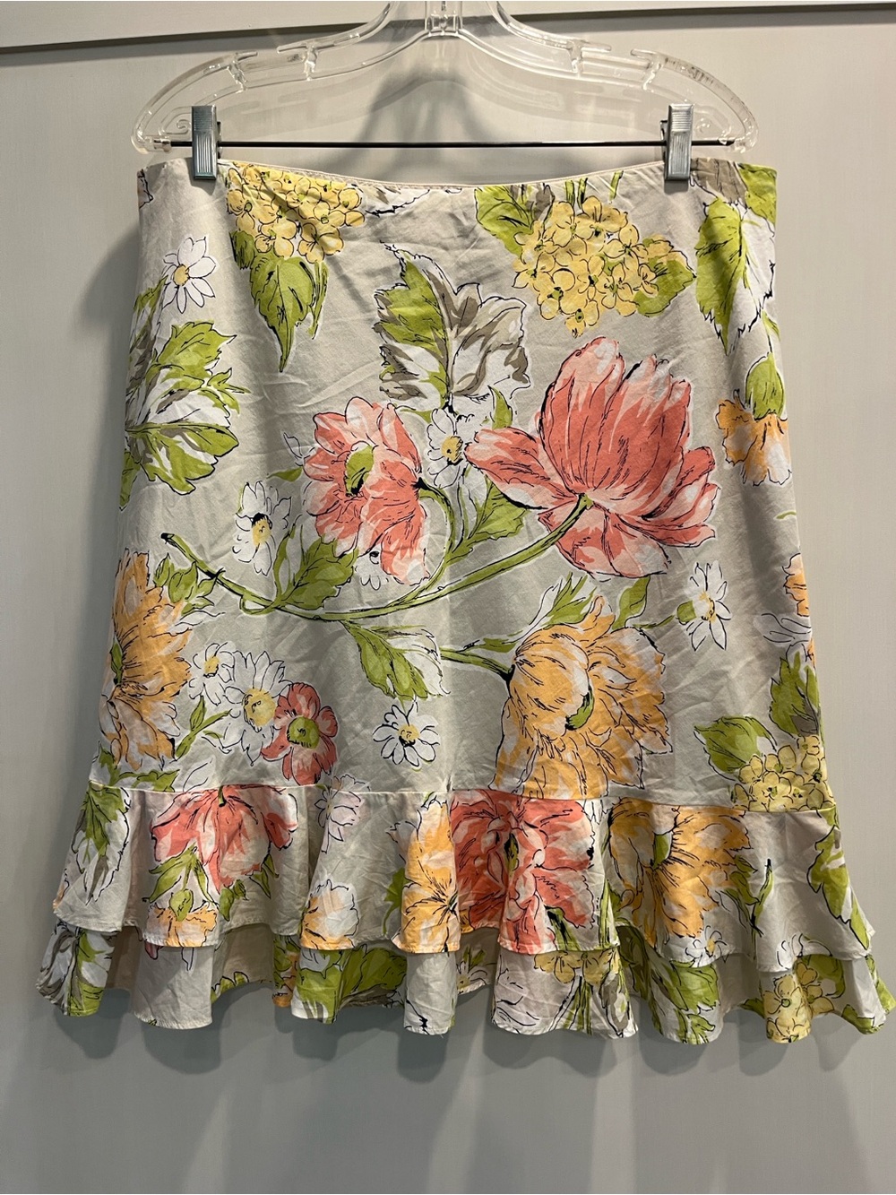 Tommy Bahama Floral A-Line Skirt in Cream, Pink & Yellow with tiered ruffle hem
